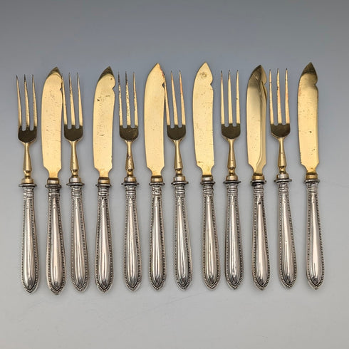 German Antique 800 Silver Handle Gold Plated Blade Tea Cutlery 6 Pairs